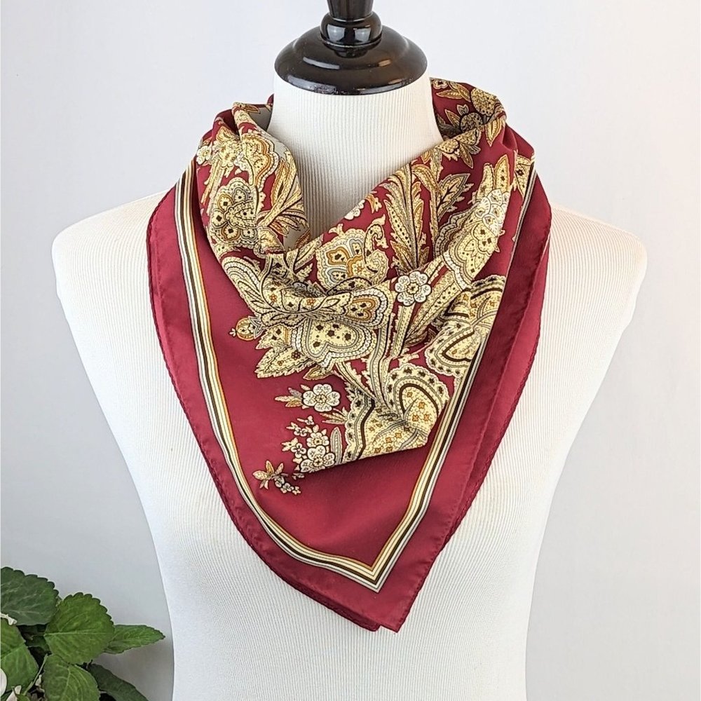 Large Burgundy and Gray Bold Floral 25" Square Silky Statement Scarf Vintage 70s